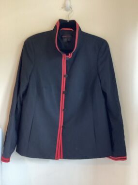 Nina McLemore Jacket Blazer Size 8 Navy Blue Red Piping Mandarin Collar